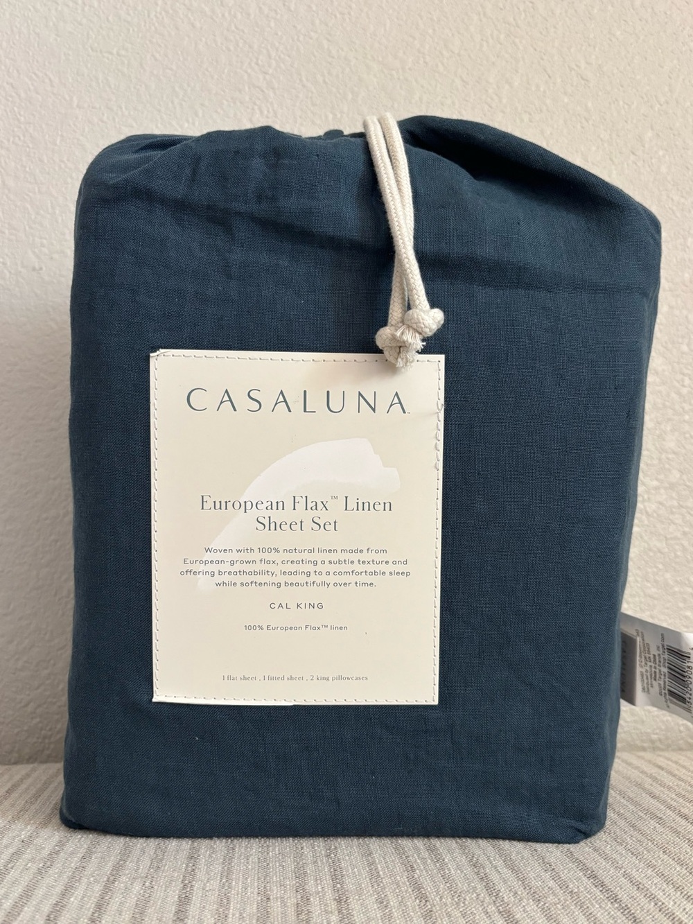 NWT California King 100% Linen Sheet Set Dark Mineral Blue - Casaluna